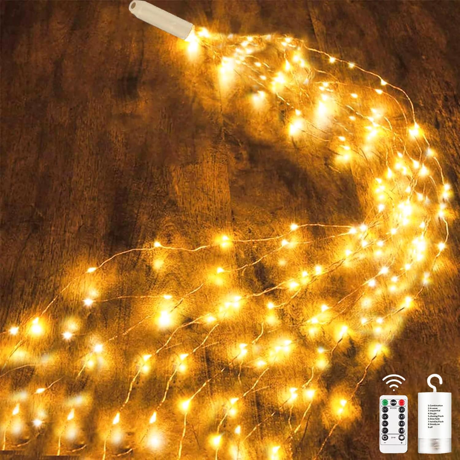 Dekofun Luces Arbol Navidad 2M 200 LED Luces Cascada Navidad con Pila, Temporizador, Remoto, 8 Modos Guirnalda Luces Arbol Navidad Impermeable Cascada de Luces para Exterior Interior Decoración