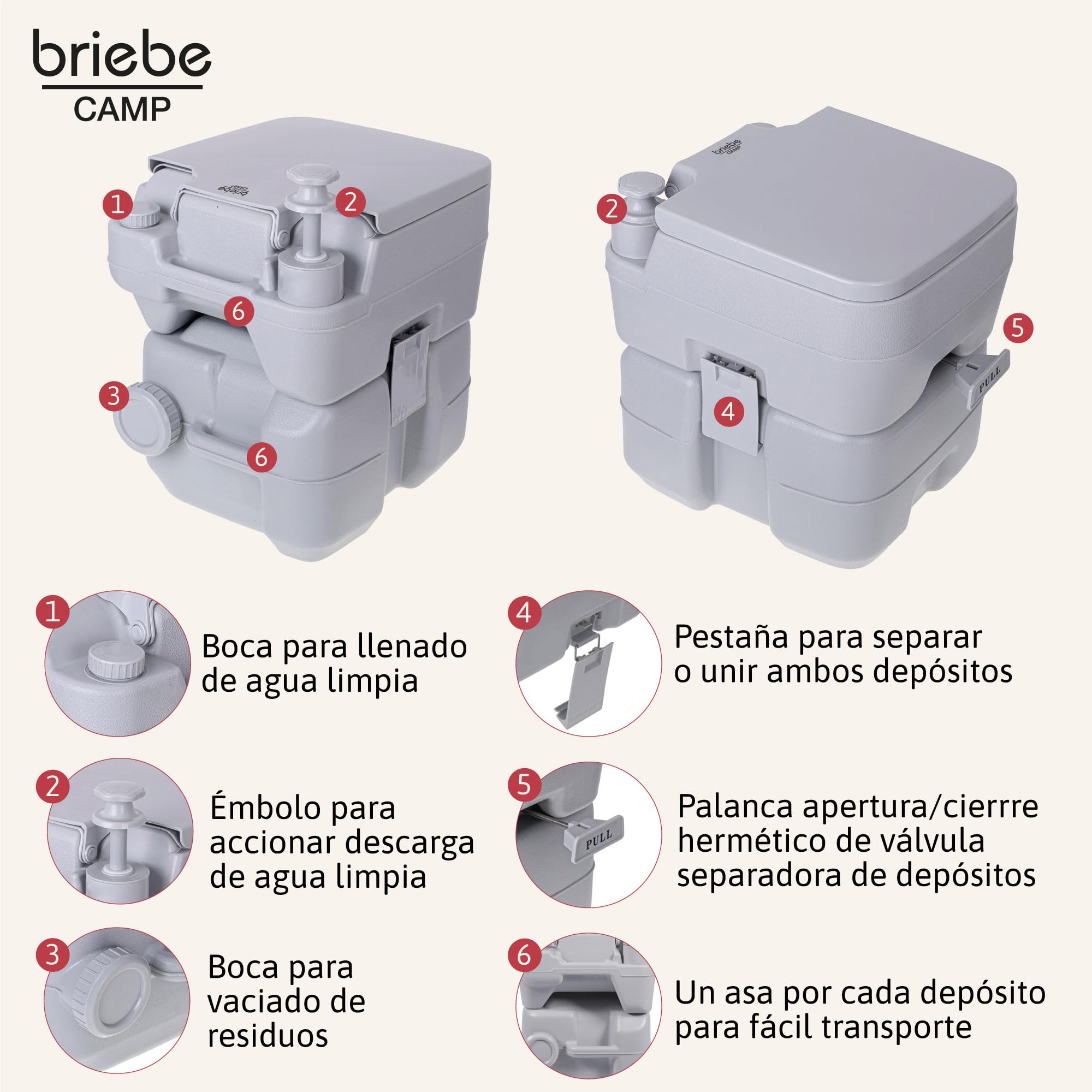 briebe Camp WC Inodoro Portátil Químico Adultos Potty 20L Camping, Camper, Auto Caravana, Water con Descarga Agua 12L, Válvula Drenaje contra Fugas, WC1113