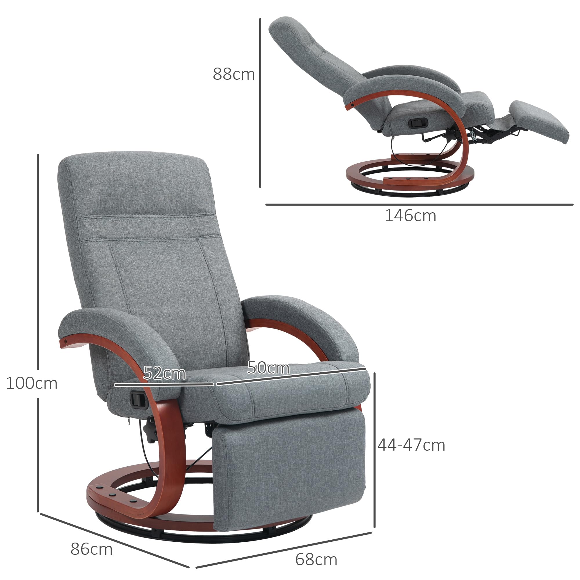 HOMCOM Relaxsessel mit Liegefunktion mit Hoher Rückenlehne Grau | Drehbarer Ruhesessel, mit Verstellbarer Rückenlehne, Liegesessel, Armlehne, bis 150 kg Belastbar, Kunstleder