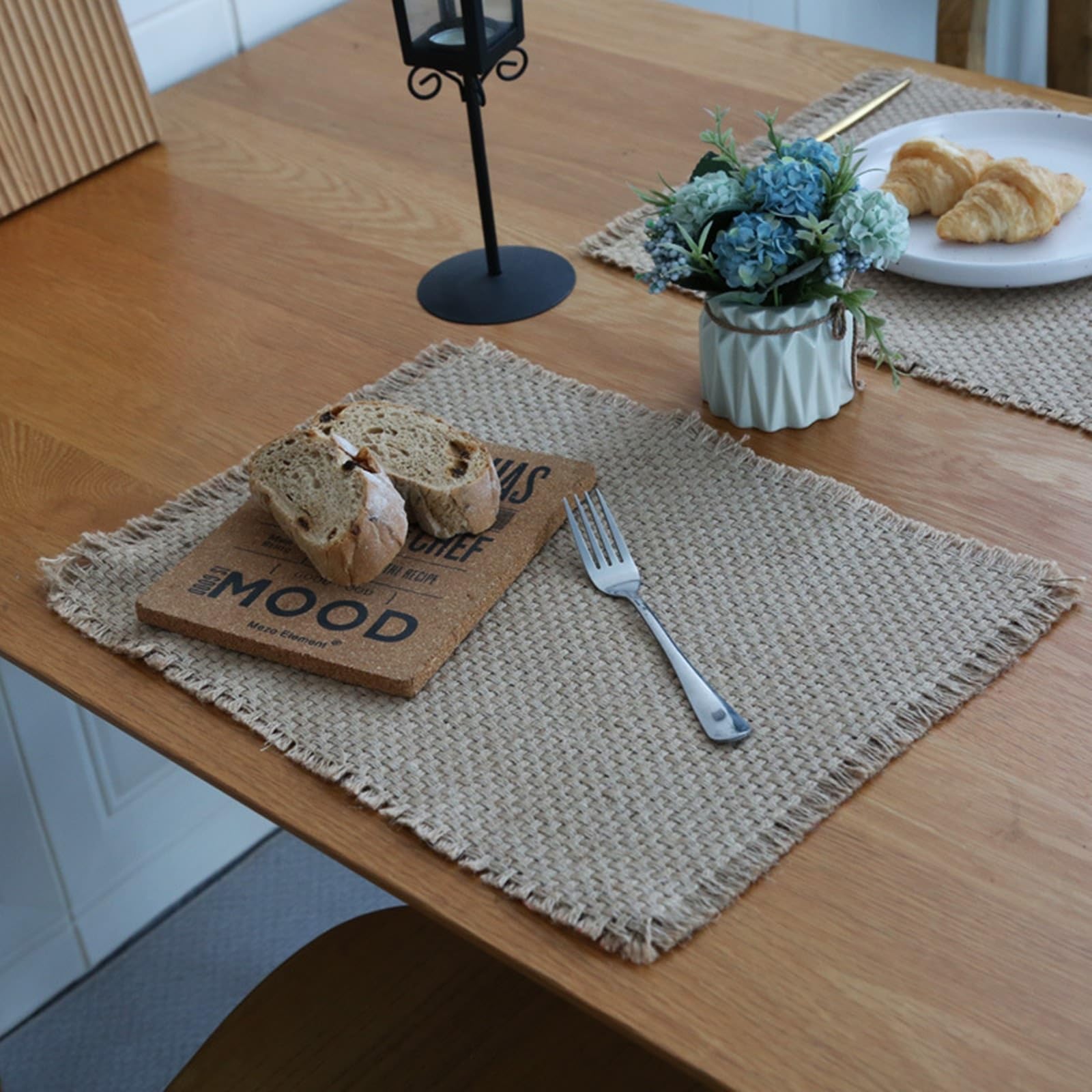 Platzsets Jute Ramie Einfarbig Gewebt Textur Quaste, Rechteckig Tischmatte Braun 30x40cm für Restaurant Speisetisch, 8er Tischset Natur
