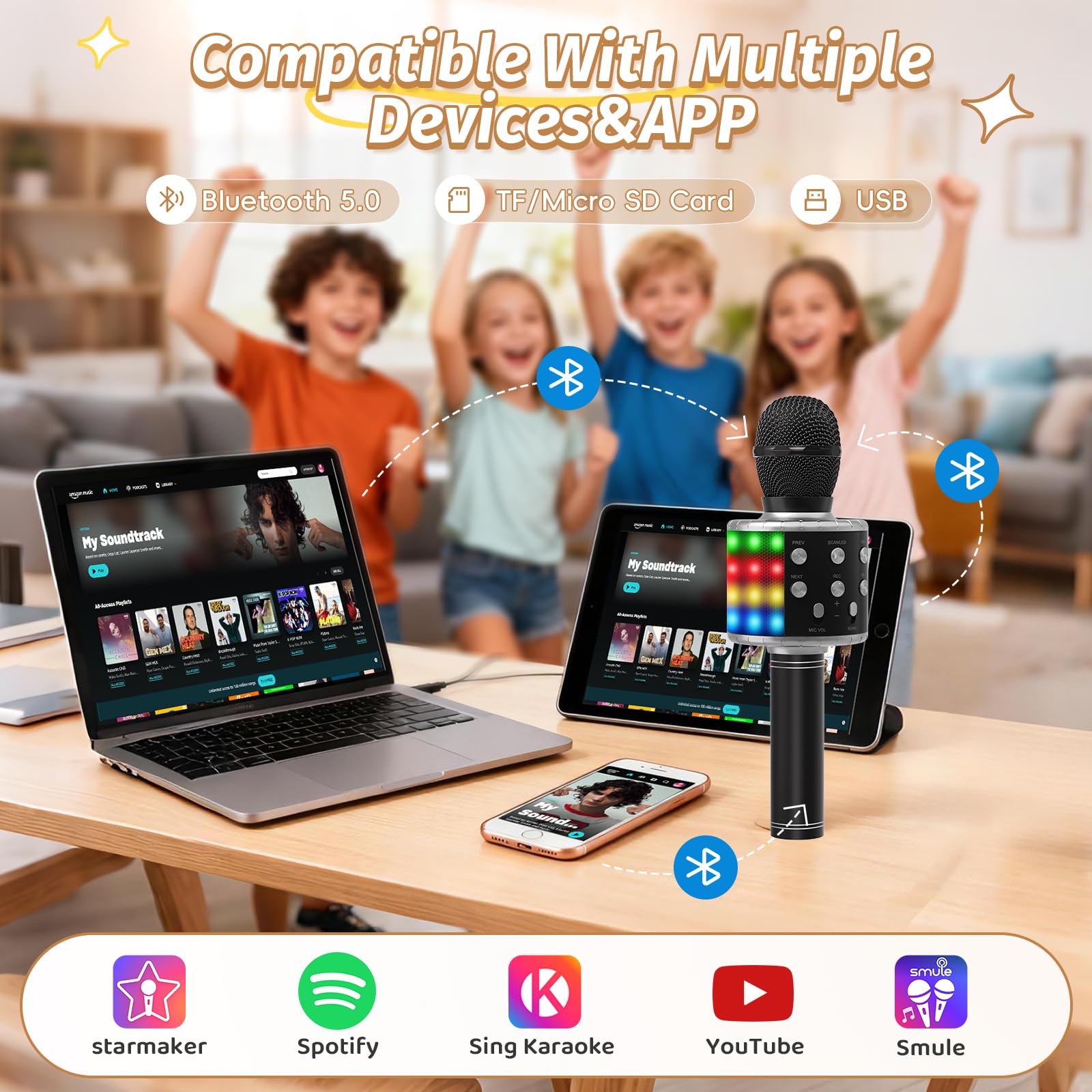 Mikrofon Karaoke Bluetooth Bezprzewodowy dla Dzieci, Przenośny z LED, Kompatybilny z Android/iOS