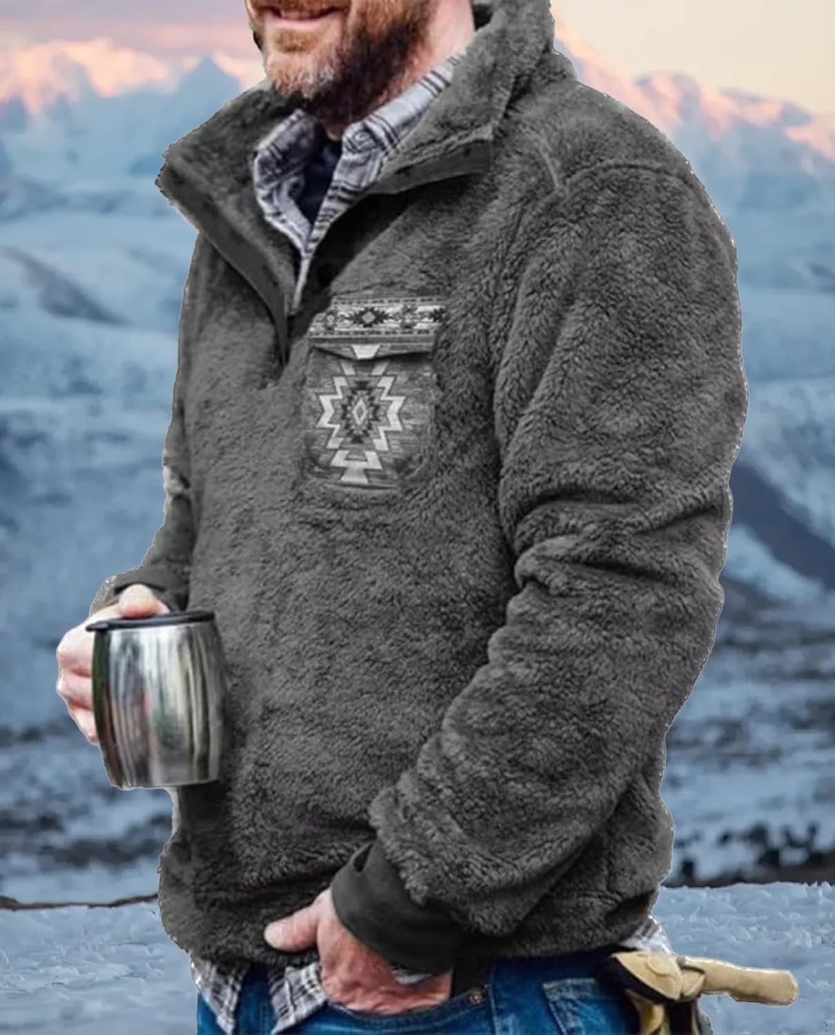 Western Sweatshirts for Men Aztec Fleece Pullover Sweatshirts Mens Vintage Print Fuzzy Sweatshirt - Image 2