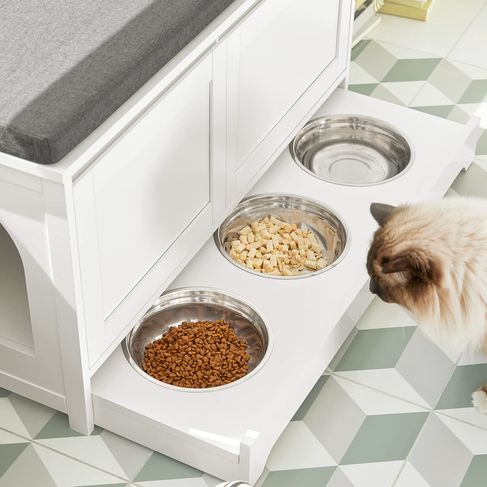 SoBuy Cuccia per gatti con ciotola per gatti in acciaio Inossidabile Panca con seduta Casetta per gatti Bianco 90x36x44cm FSR136-W