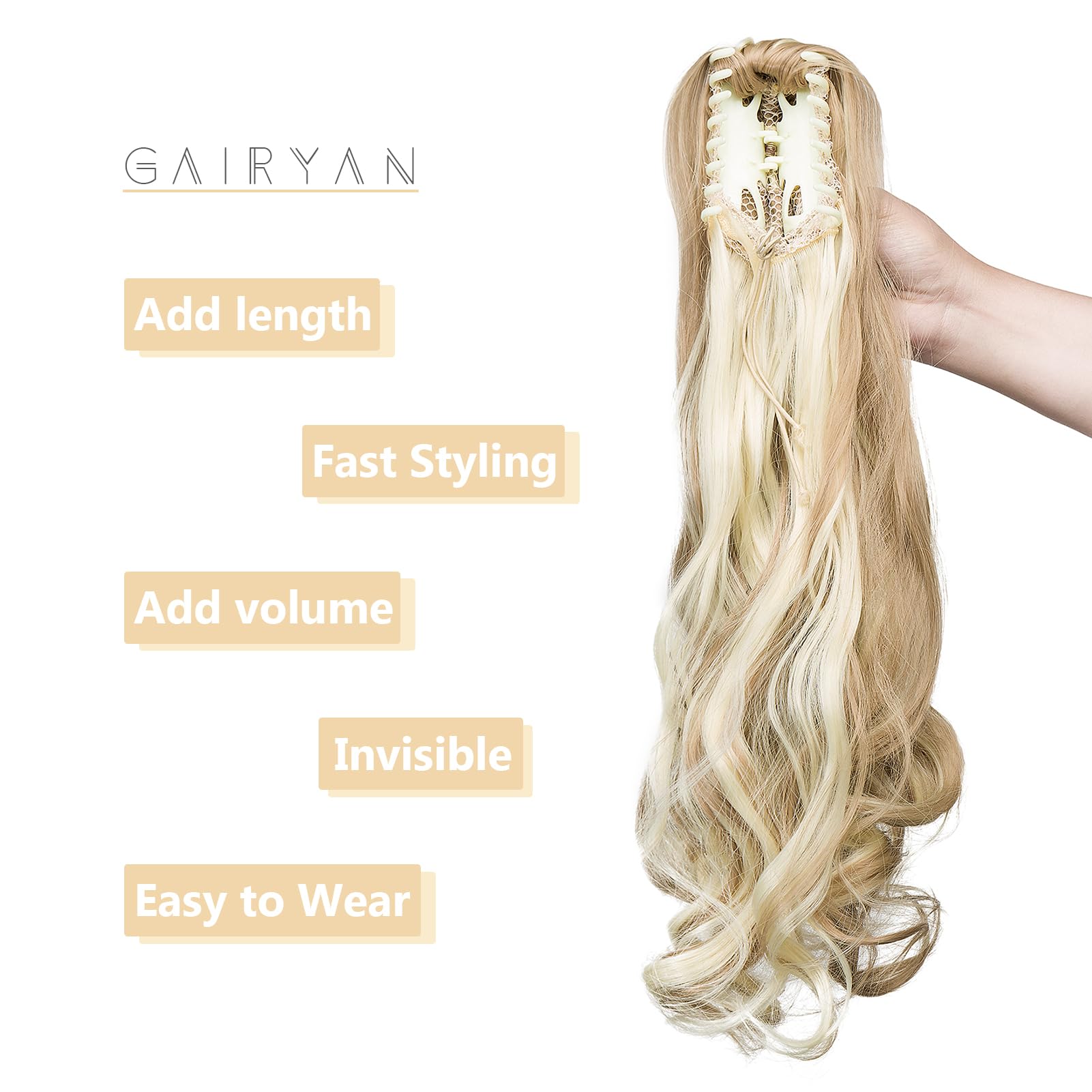 Gairyan 20inch Ponytail Extension Clip in Ponytail Hair Extensions Curly Wavy Pony Tails Claw on Ponytail Long Wave Synthetic Hairpieces for Women Soft Real Look (Sandy Blonde & Bleach Blonde) - Image 4
