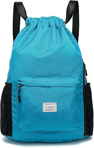 FUXINGYAO Mochila deportiva con cordón y compartimento para zapatos, mochila de cuerda para mujeres y hombres (negro), Azulclaro, Sencillo y fácil