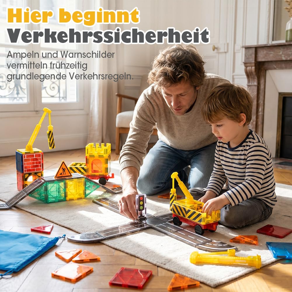 Playpals Magnetbausteine 60 Teile, Konstruktionsspielzeug, Kran Ausziehbar | Magnetische Bausteine Straße-Thema, Starke Magnetkraft, Kreatives Bauspielzeug, für Jungen Mädchen ab 3 Jahren, Mehrfarbig