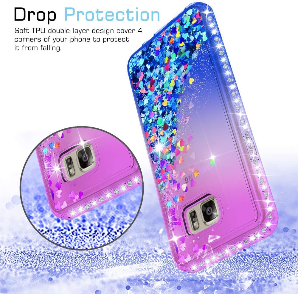 LeYi Galaxy Note 5 Case with Tempered Glass Screen Protector [2 Pack] for Girls Women, Bling Sparkle Diamond Liquid Quicksand Flowing TPU Protective Phone Case for Samsung Galaxy Note 5 Purple/Blue