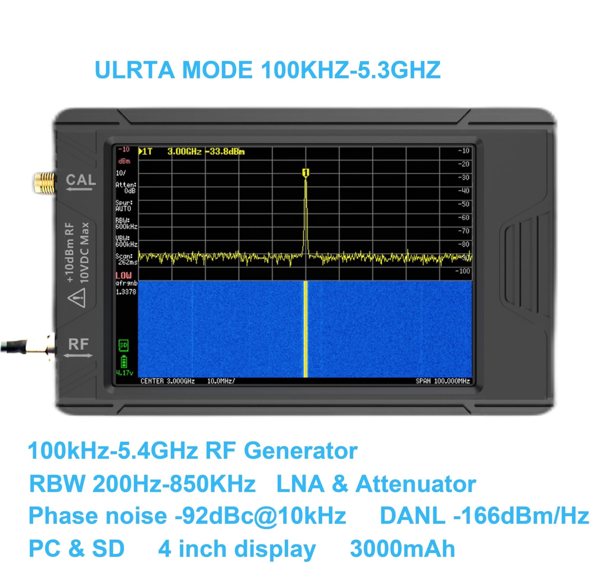 Analizzatore di spettro, Analizzatore di spettro ULTRA Display da 4" 100 kHz a 5,3 GHz con scheda 32 GB Versione V0.4..1 Tester rete interna