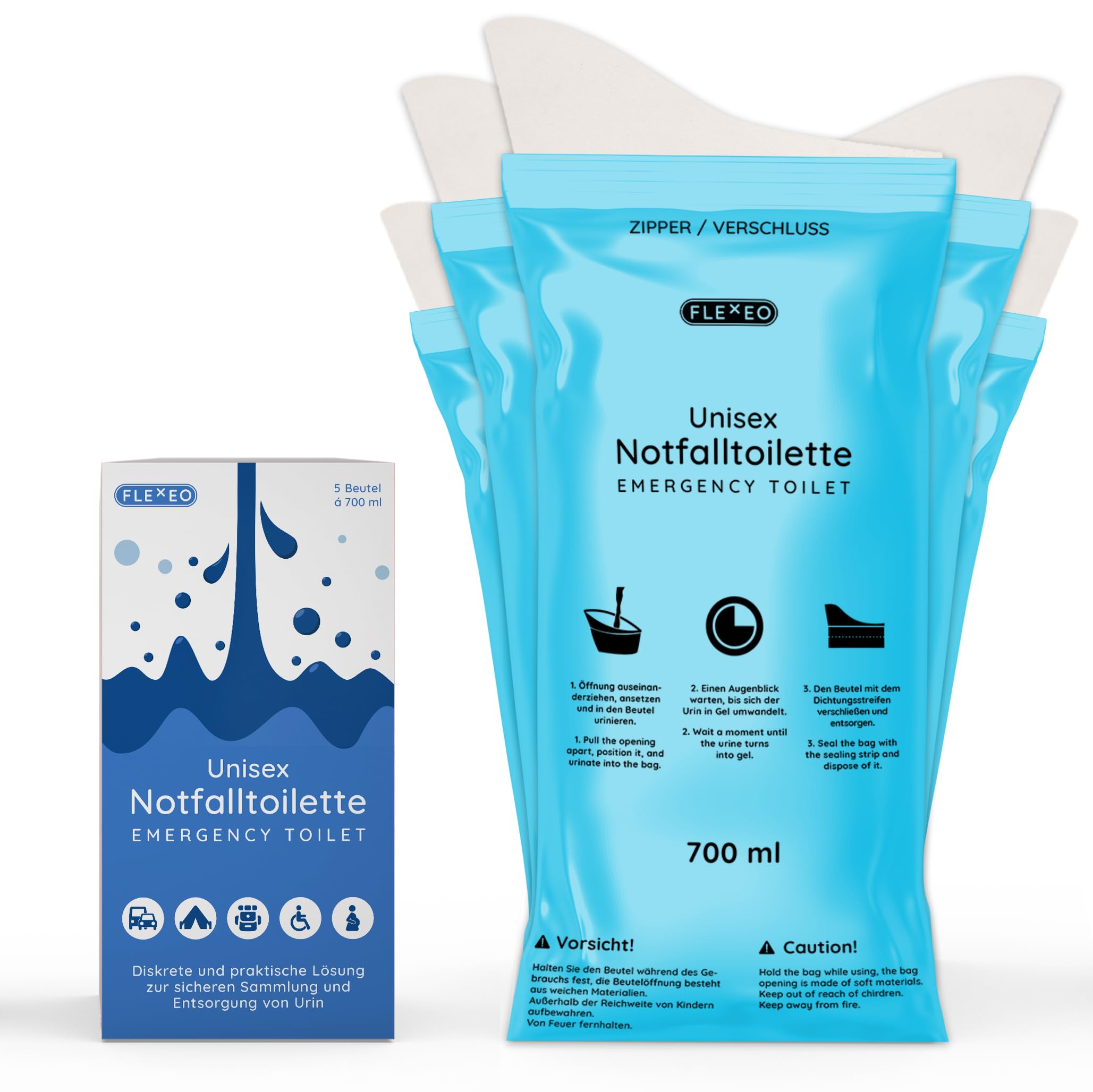 5X Pinkelbeutel für unterwegs - 700ml Kapazität mit hoch saugfähigem Absorber - Einweg Urinbeutel für Frauen/Männer/Kinder - Notfalltoilette fürs Auto - Notfall Toilette to go