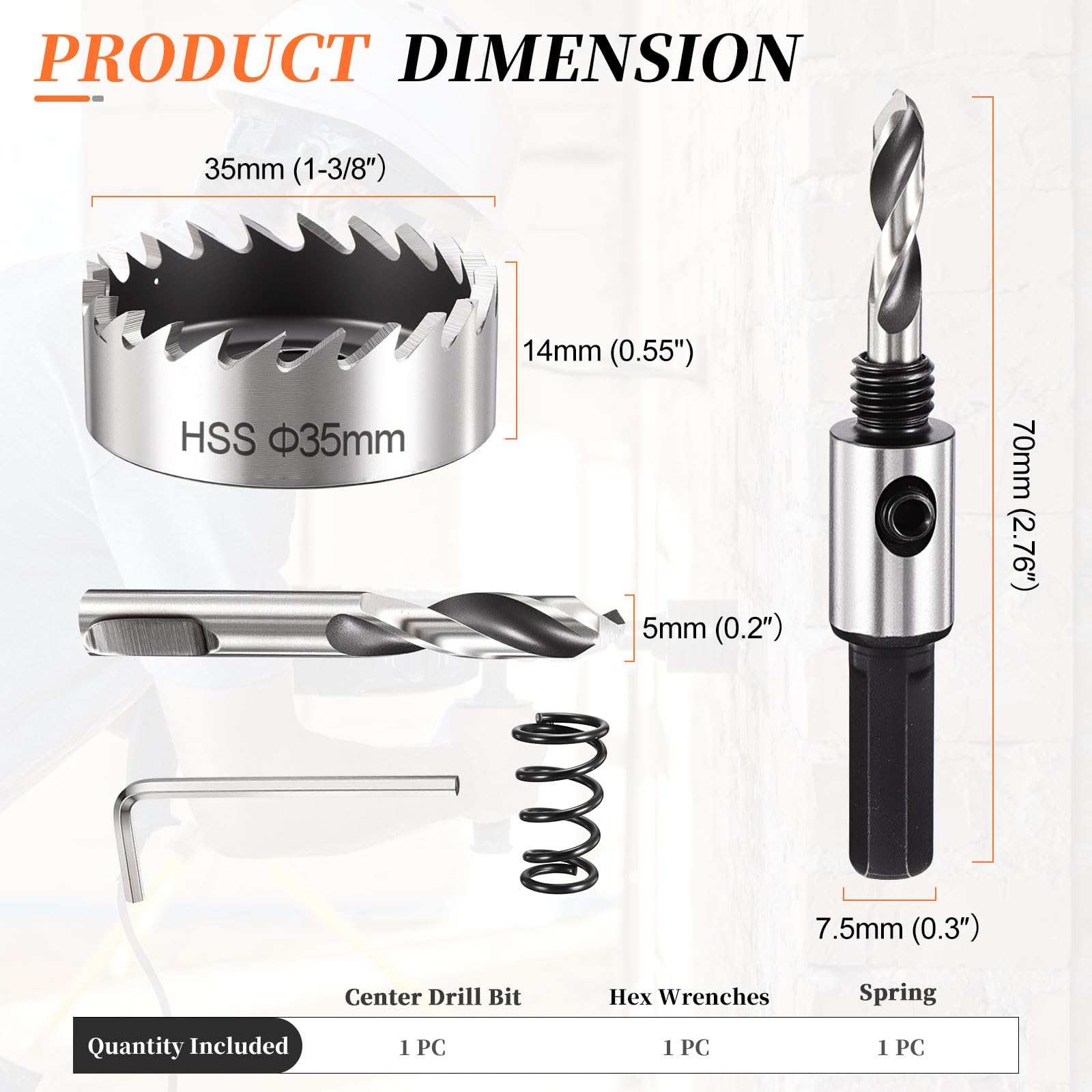 METALLIXITY Hole Saw 35mm (1-3/8"), 4341 High Speed Steel Hole Cutter with Center Drill Bit, Hex Key and Spring - Image 2