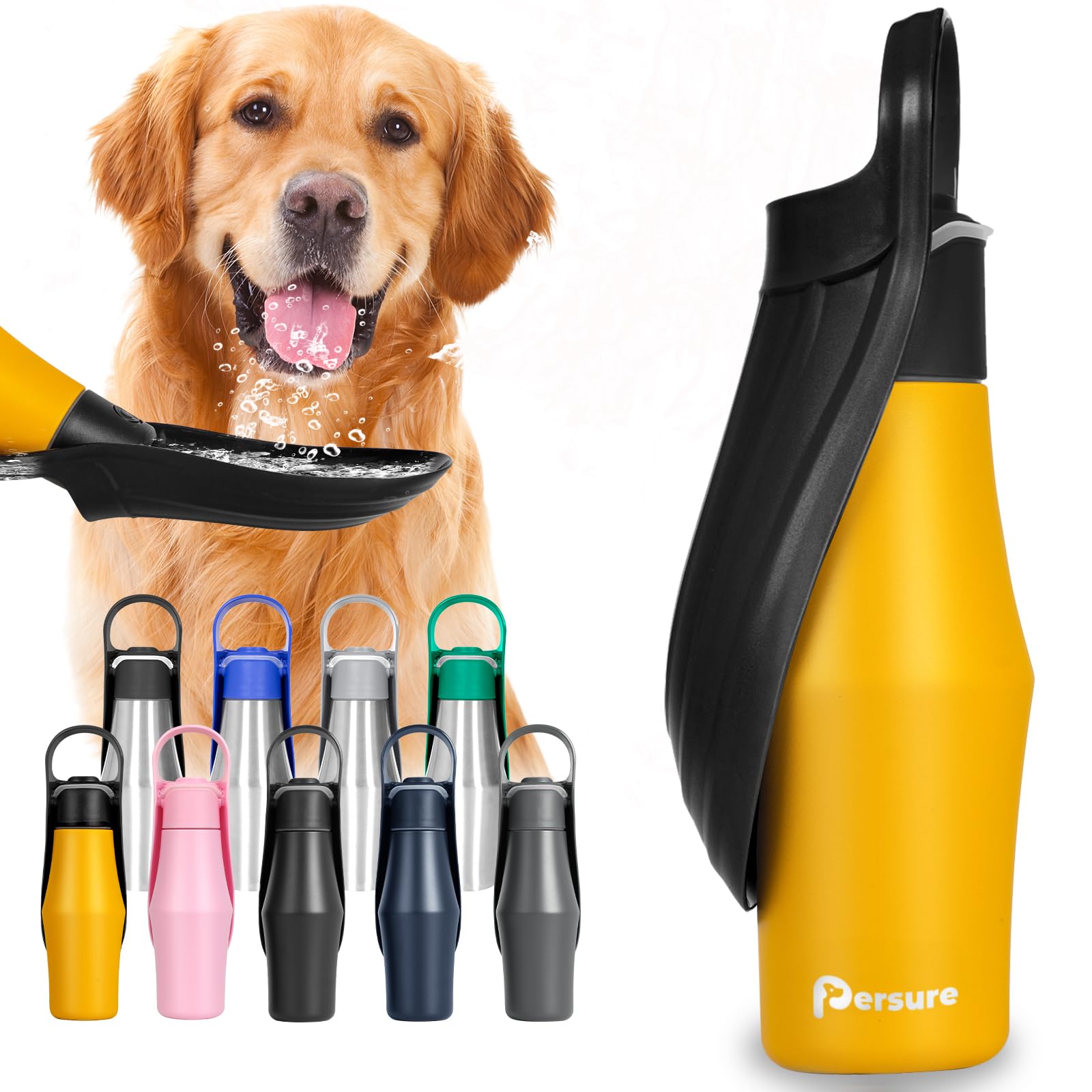 Persure 27 OZ Dog Water Bottle Portable Stainless Steel Convenient Pet Water Dispenser, Leak Proof Puppy Travel Water Bowl for Dog Outdoor Walking, Hiking, Perfect Size for All Dog Breeds, Yellow