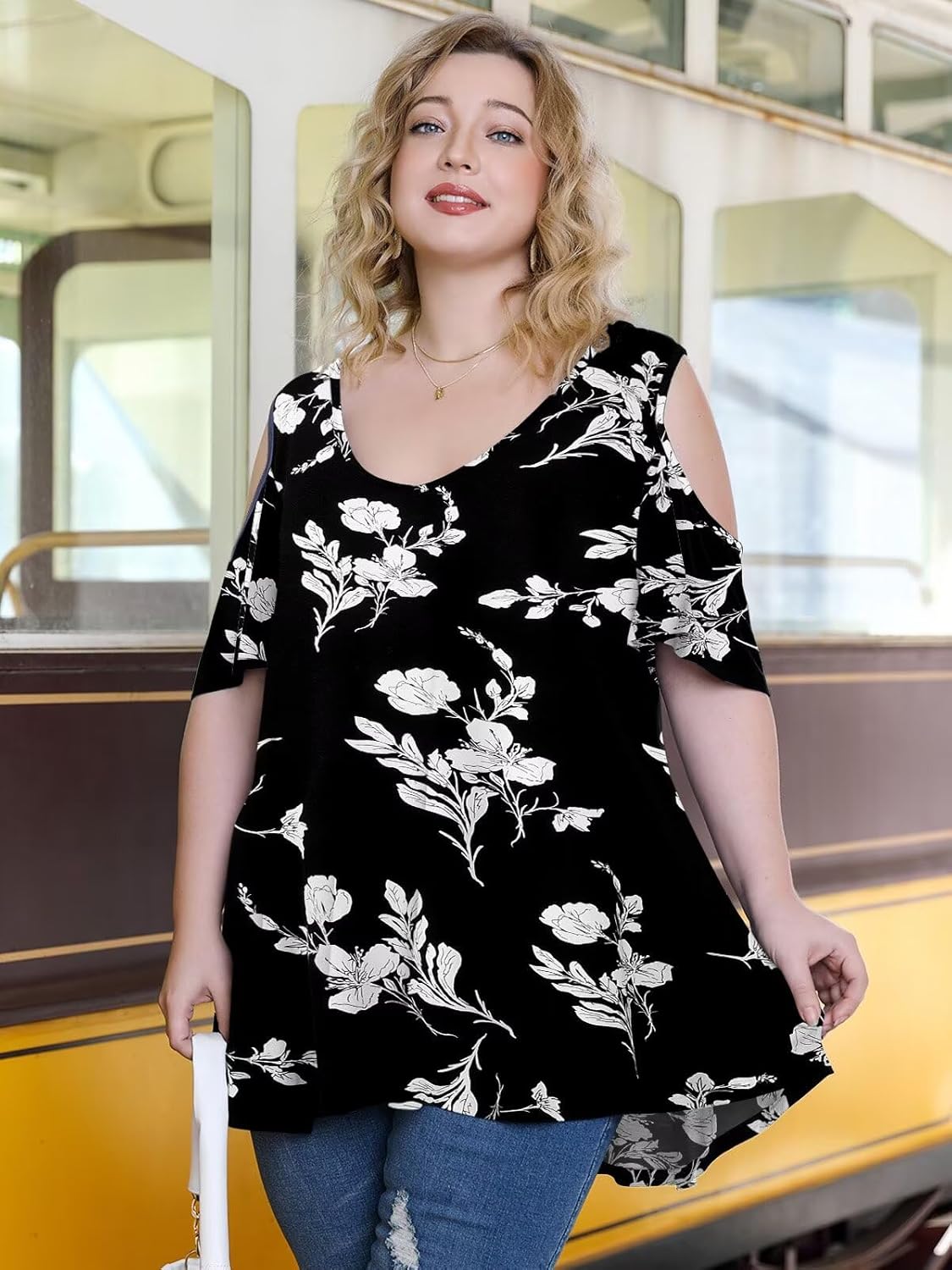 LARACE Plus Size Tunic Tops For Women V neck Short Sleeve T-shirt Cold Shoulder Loose Summer Tops Blouse - Image 3