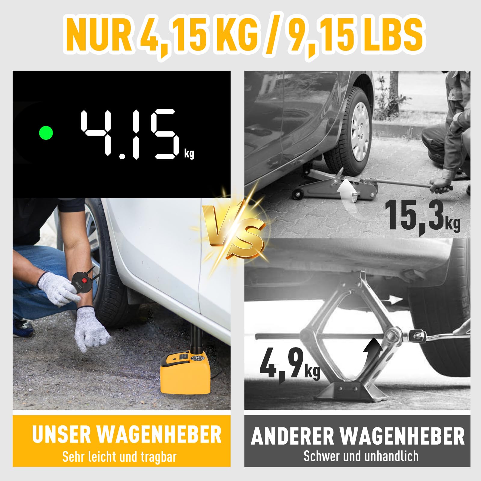 ROGTZ Elektrischer hydraulischer Wagenheber-Set 5 Tonnen 12V, Ultra-tragbarer Auto-Fahrzeugheber mit 15,5-45 cm Reichweite für SUV/Limousine/LKW-Reparatur, Wagenheber für Reifenwechsel mit LED, leicht