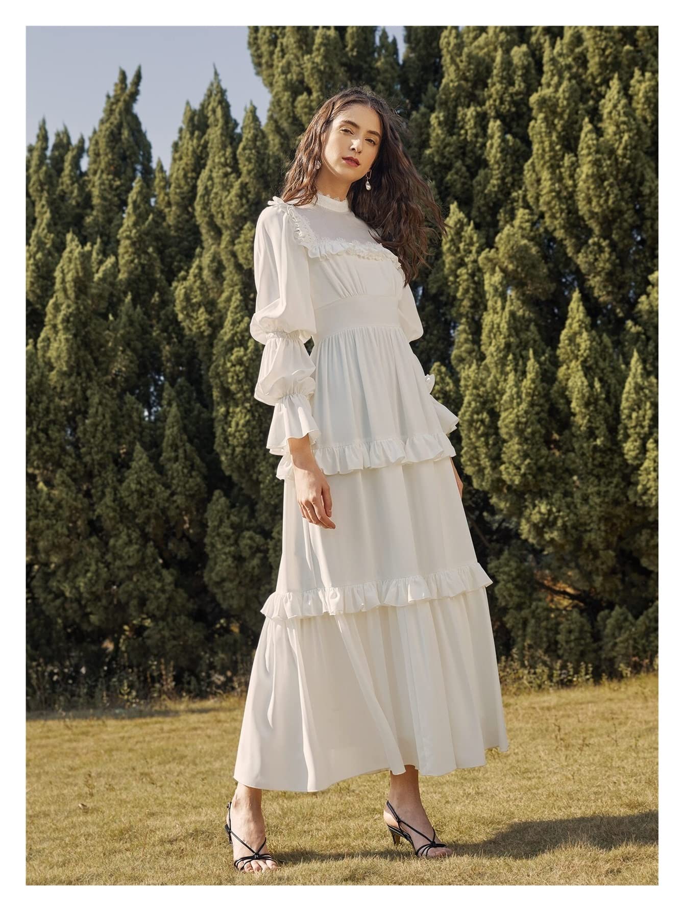 Amazon.com: Women's Dresses Mock Neck Gathered Sleeve Layered Ruffle Detail  Dress Dress for Women (Color : White, Size : Small) : Clothing, Shoes &  Jewelry
