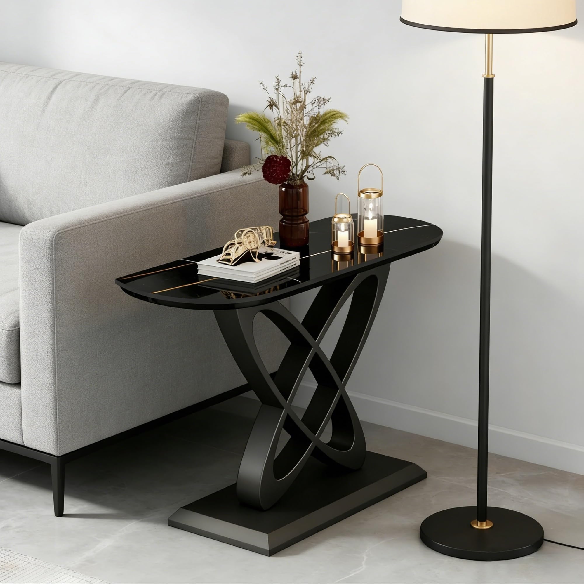 Modern Console Table 80cm Ultra-Narrow Stone Entryway Table With Metal Base Slim Sofa Table Behind Couch Luxury Porch Table & Hallway Accent Table For Entrance Living Room(K,59"/150CM)