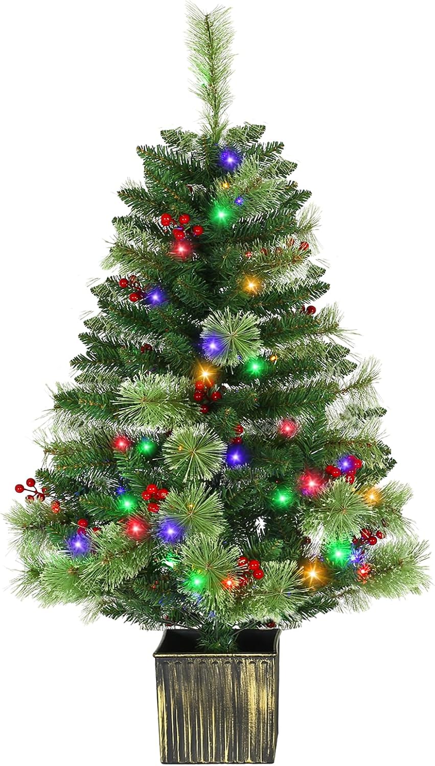 JOYHALO 4FT Outdoor Christmas Trees for Porch with 80 Warm White and Multicolor LED Lights, Pre-lit Potted Christmas Tree with PVC Branches Pine Needles Berries for Christmas Decoration