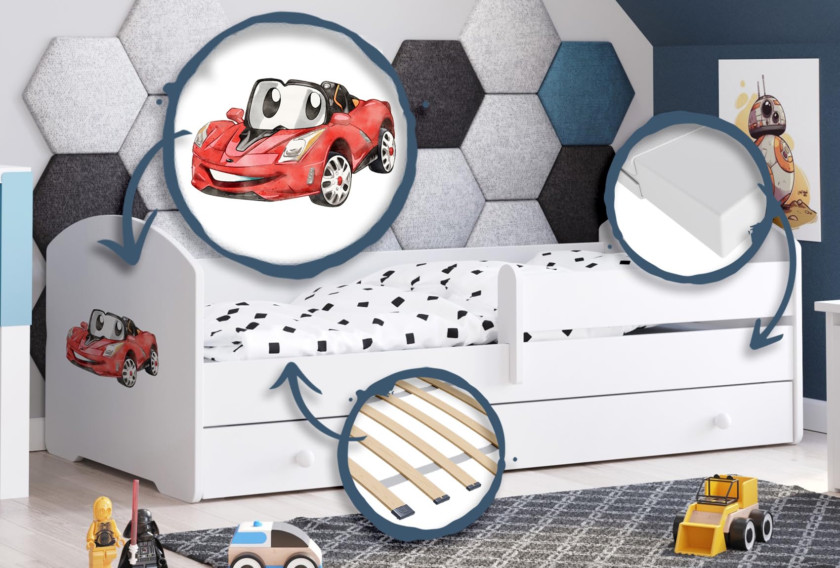 KOBI LUK - Cama infantil (140 x 70 cm), color blanco y blanco con almacenamiento con cajón, 140 x 70 cm | Cama infantil pequeña con camas para niños, con colchón y marco | Habitación Bebe | Cama