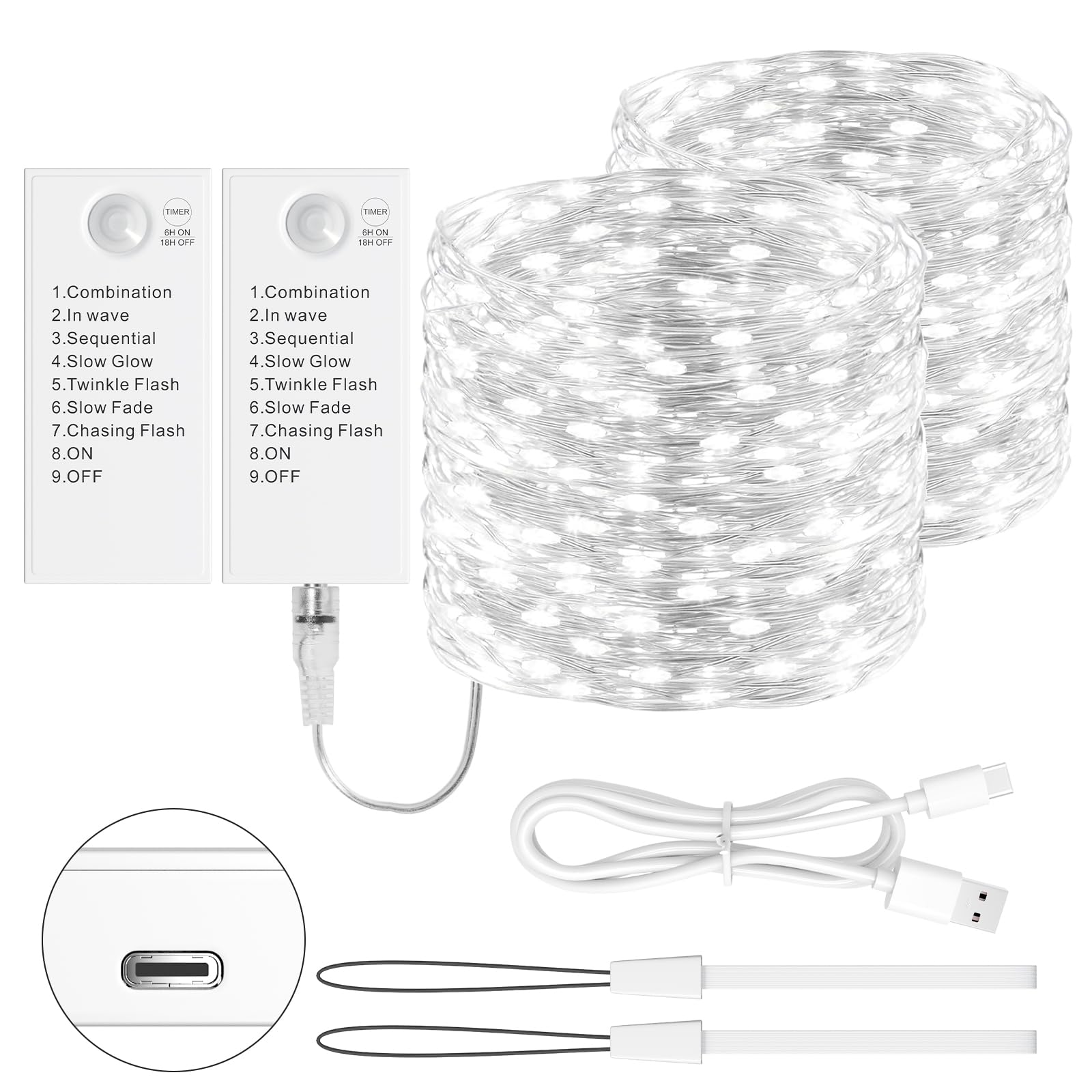 LED Lichterkette 5M mit wiederaufladbarem Batteriefach,50 LEDs, 8 Modi & Timer, Silberdraht Lichterkette für Weihnachten, Hochzeit, Innen Deko, Party (Kaltes Weiß, 2 Stück)