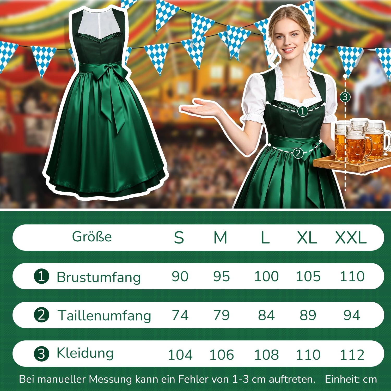 Dirndl Damen Midi Lang, Trachtenkleid mit Dirndlschürze, Grün Größen XXL Dirndl Trachtenrock Trachtenmode Dirndlkleid, Damen Oktoberfest Outfit Dresses