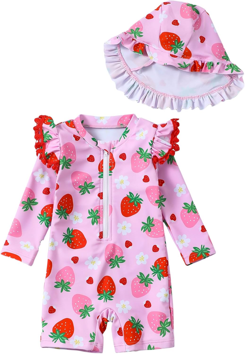 Toddler Girl Swimsuit Baby Girl Bathing Suit Long Sleeve Floral Zipper One-Piece Rash Guard Swimsuit with Hat