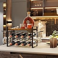 Vista 3 de Wine Rack with Glass Holder, Countertop Wine Rack Metal Frame, Wine Holder Stand with Wooden Tray, Bottles Rack for Home Decor Kitchen Storage