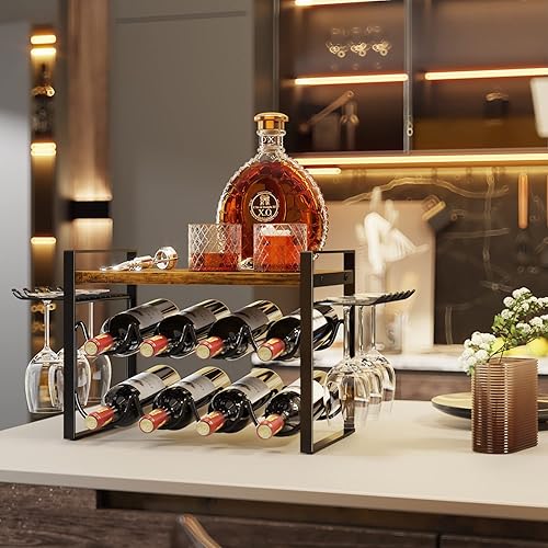 Miniatura 3 de JAFUSI Estante para vino con soporte para vidrio, marco de metal, soporte de vino con bandeja de madera, estante para botellas para decoración del