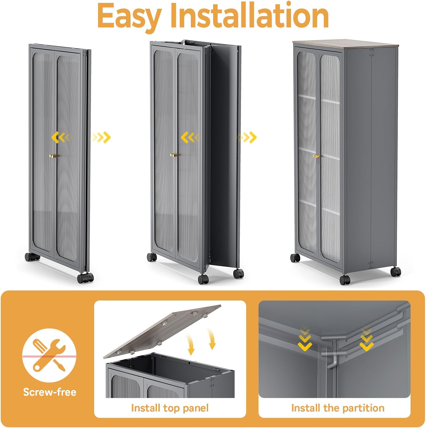 Metal Storage Cabinet Organizer,Kitchen Storage Cabinets With Doors and Shelves,Small Tall Narrow Cabinet with Acrylic Doors & Wheels, Slim Office Cabinets Shelf,NO SCREW NO TOOL ASSEMBLY,Gray
