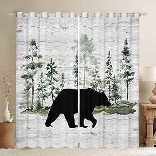 Manfei Bear Silhouette Kids Window Curtains,Pine Trees Rustic Farmhouse Window Drapes for Boys Girls Adults,Vintage Wooden Plank Country Retro Window Treatments Grommet Top 2 Panel Set,42Wx84L inch