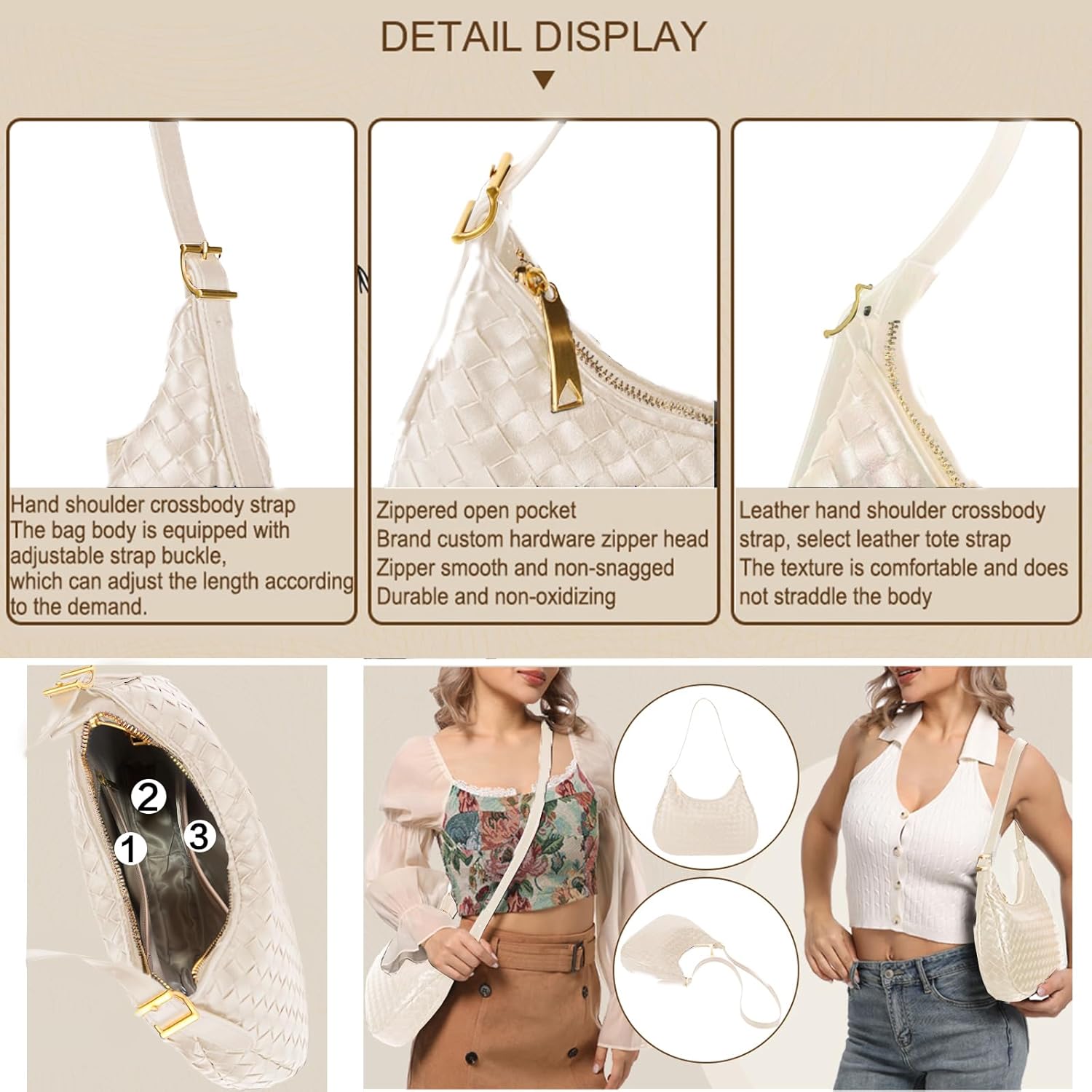 Shoulder Handbags for Women Crossbody Woven Leather Tote Shoulder Bag Purse Hobo Lightweight With Zipper Adjustable Strap | Woven, Leather, Lightweight, With Zipper, Adjustable Strap