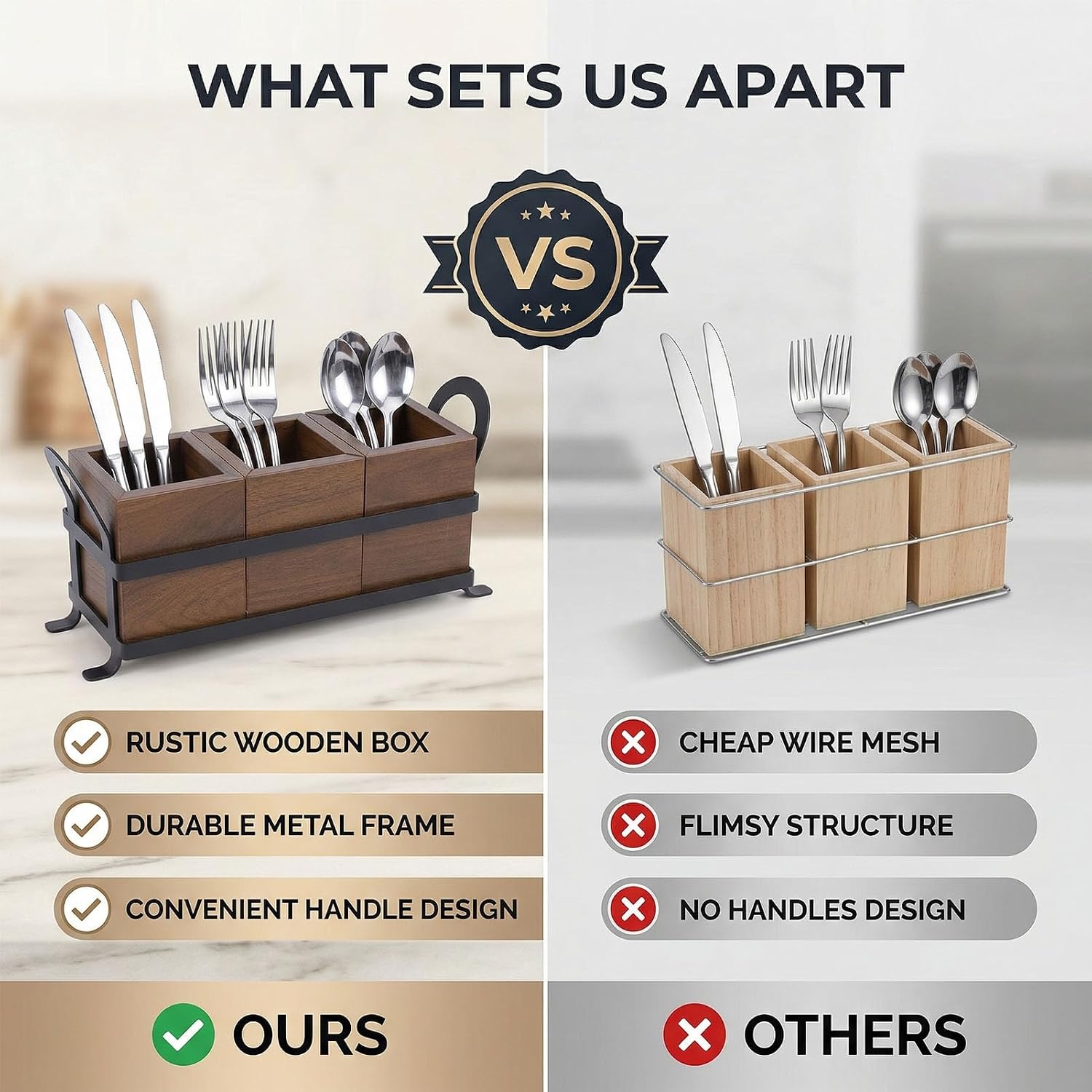 Zerodis Wooden Utensil Holder,3 Compartment Kitchen Countertop Silverware Organizer Flatware Organizer Cutlery Storage Box for Forks Spoons Chopsticks Knife (Flatware)