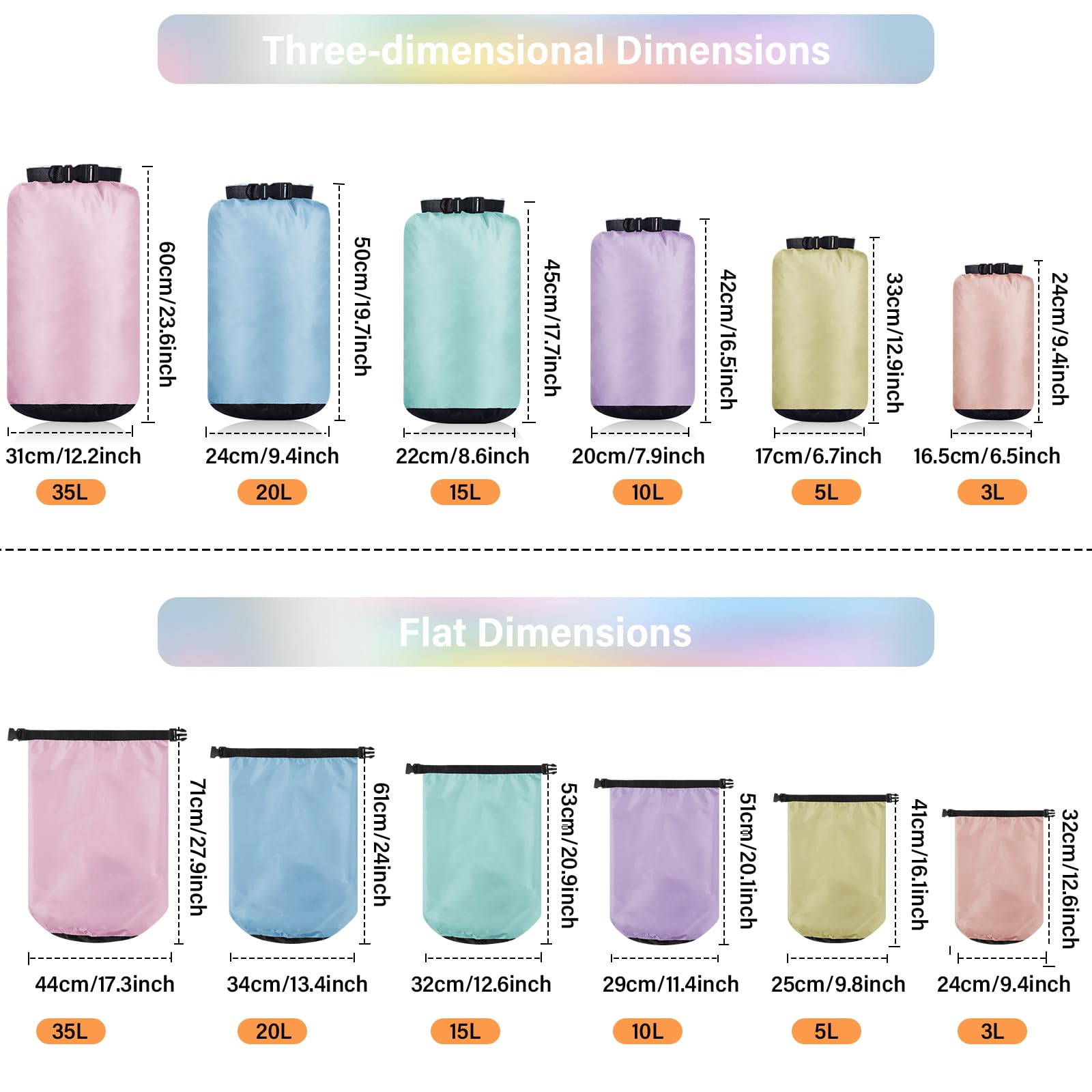 Set de 6 Sacs Étanches Légers pour l'Extérieur Sacs Hermétiques Portables de 35 L, 20 L, 15 L, 10 L, 5 L, 3 L pour Kayak Camping Randonnée(Couleur Macaroni)