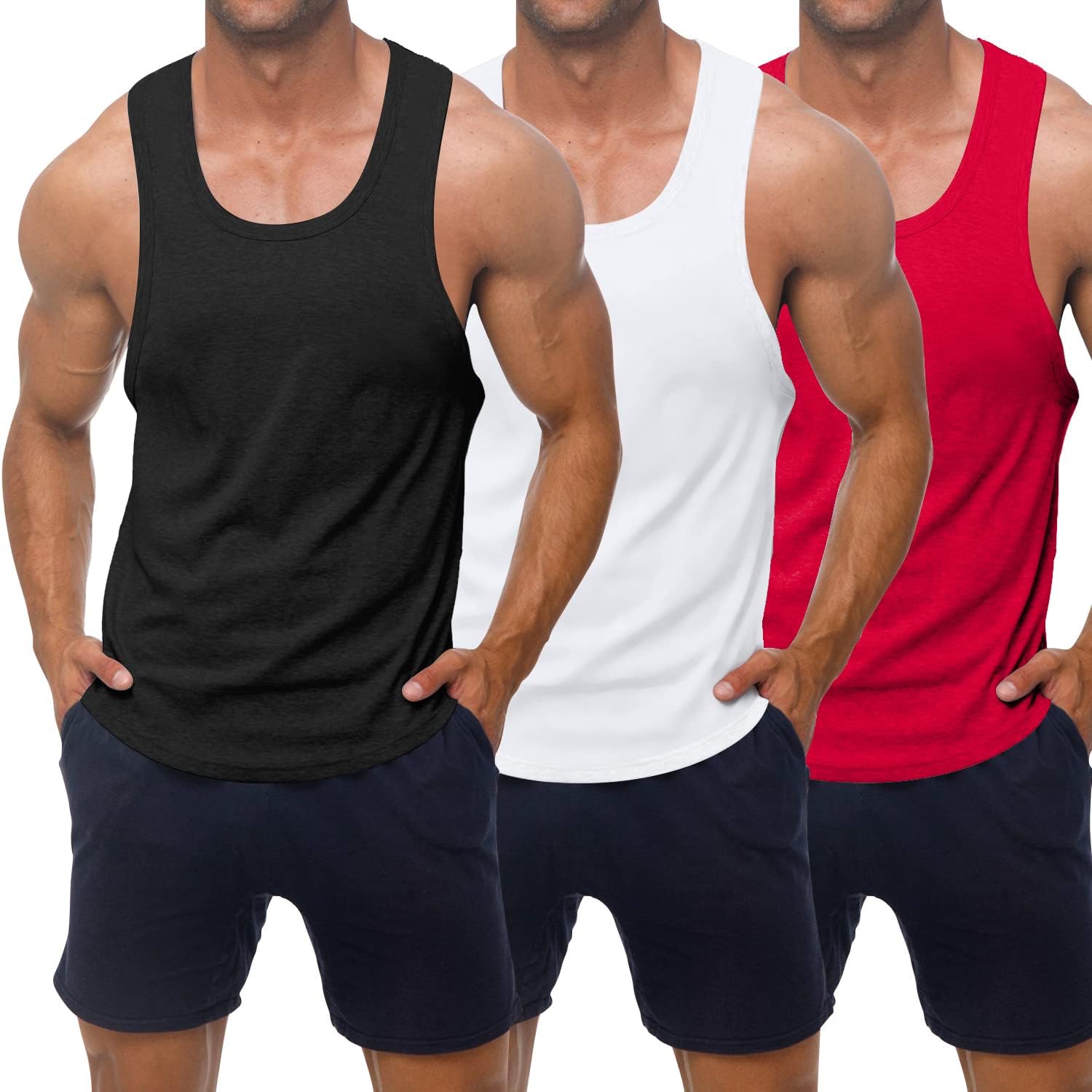 KAWATA Men's 3 Pack Workout Tank Top Quick Dry Gym Muscle Tees Fitness Bodybuilding Sleeveless T Shirts