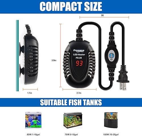 Miniatura 4 de FREESEA Calentador de tanque de peces de acuario calentador de tortuga sumergible pequeño de 75 W con controlador externo de temperatura ajustable