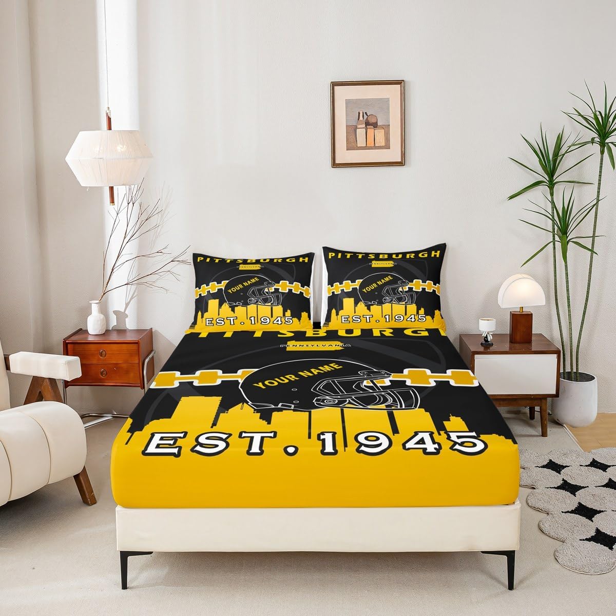 Erosebridal Customized American Football Lovers Fitted Sheet Full,Football Bed Sheets,Sports Bed Cover,Rugby Fans Bedding Set with 2 Pillowcases Bedroom Decor,(Pittsburgh)