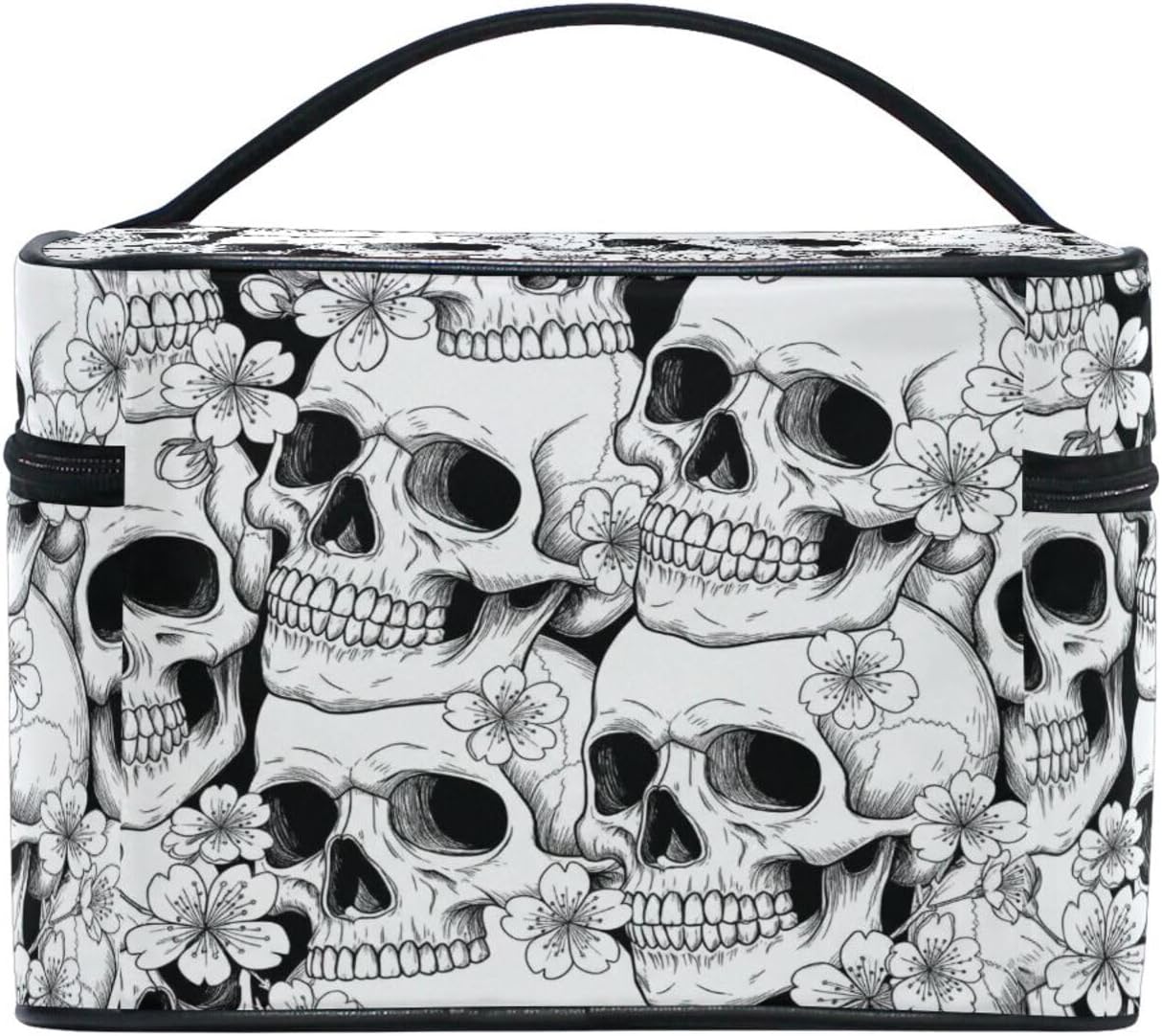 Makeup Train Case Sugar Skull Mexican Floral Korean Carrying Portable Zip Travel Cosmetic Brush Bag Organizer Large White Elephant Gift for Girls Women