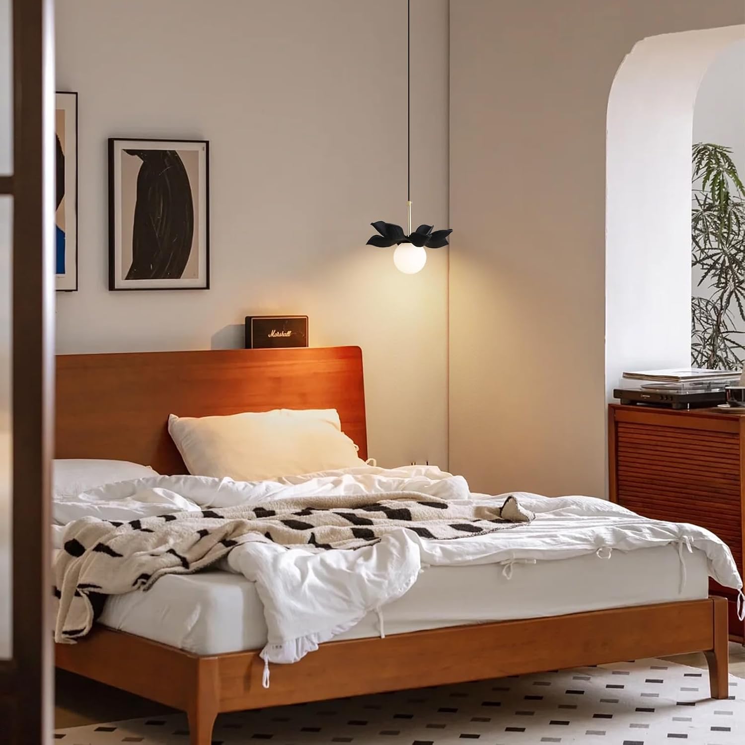 Mid Century Modern Pendant Light Fixtures, 11" White Glass Flower Shade with Black Resin Frame, Adjustable Height Hanging Lamp for Kitchen Island Dining Room Bedroom