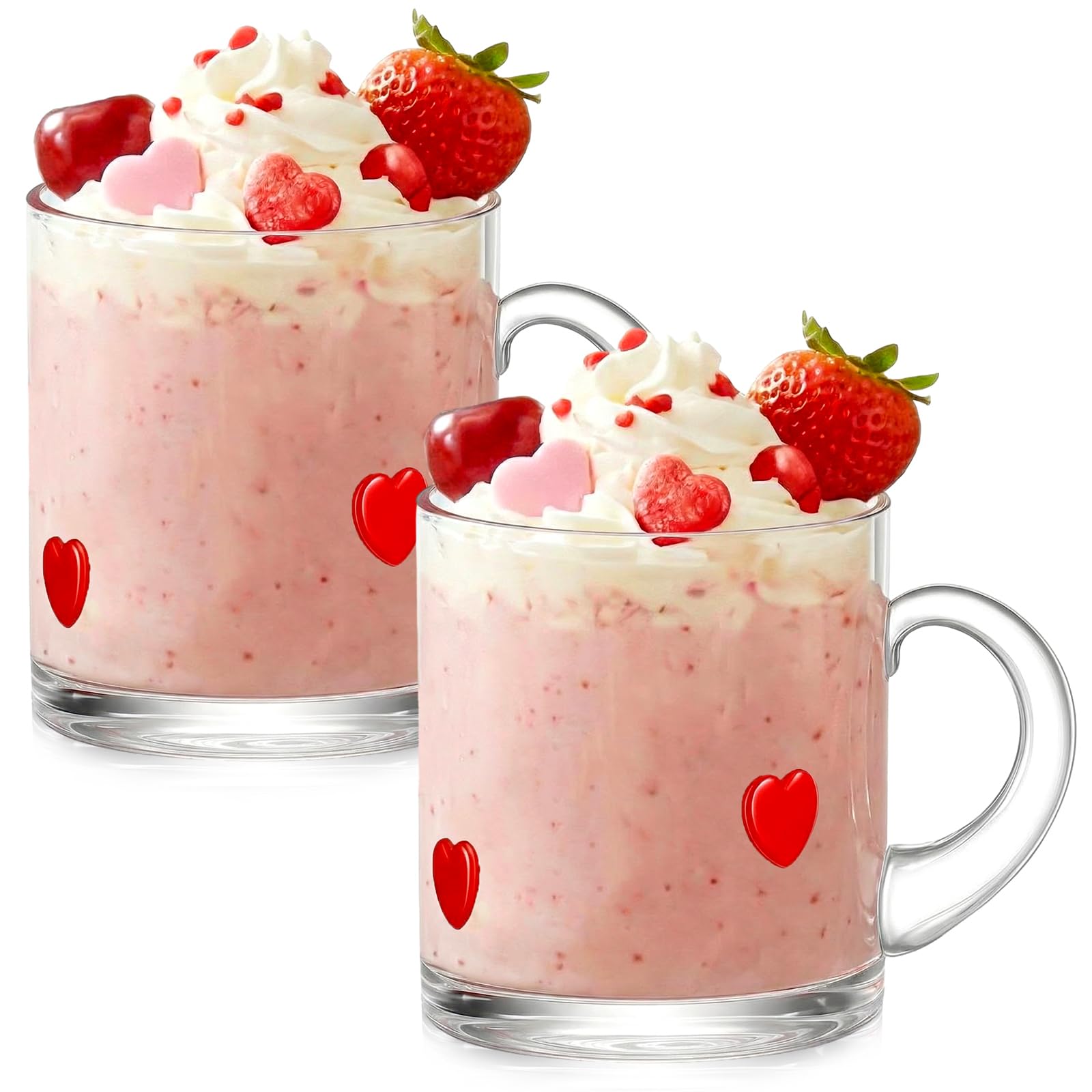 2 Pcs Valentine's Day Icon Glass Cups 14oz Heart Icon Mugs with Handle Clear Drinking Glasses Double Old Fashioned Hand Blown Cocktail Glassware for Women Valentine Party Birthday Gift