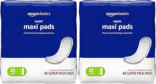 Amazon Basics - Toallas Maxi para la menstruación - Gruesas, súper absorción, sin perfume, 96 unidades, (2 paquetes de 48)