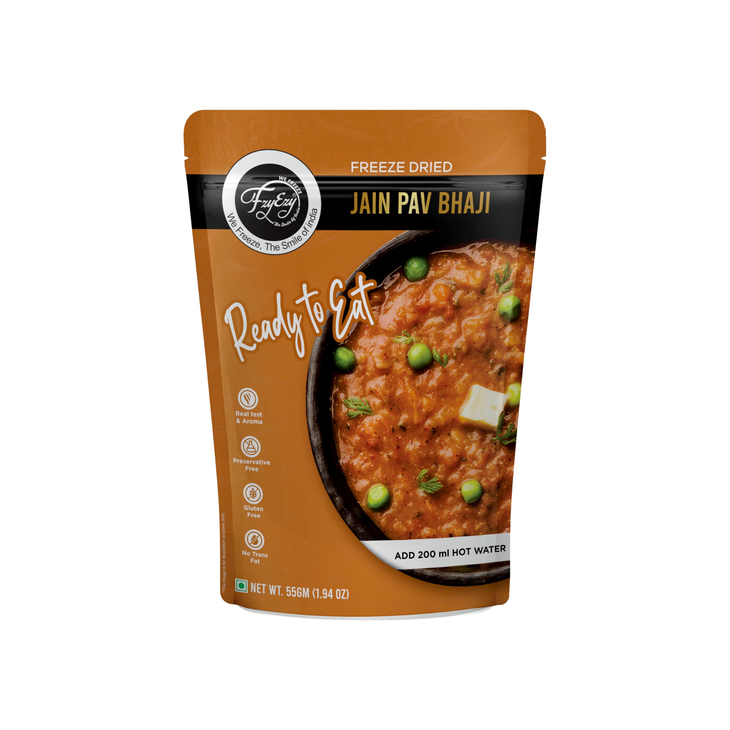 FzyEzy Freeze-Dried Jain Pav Bhaji – 55g | Indian Classic Snack Delight | No Onion, No Garlic | Pure Veg | Gluten-Free | Preservative-Free | Instant Mumbai Street Food