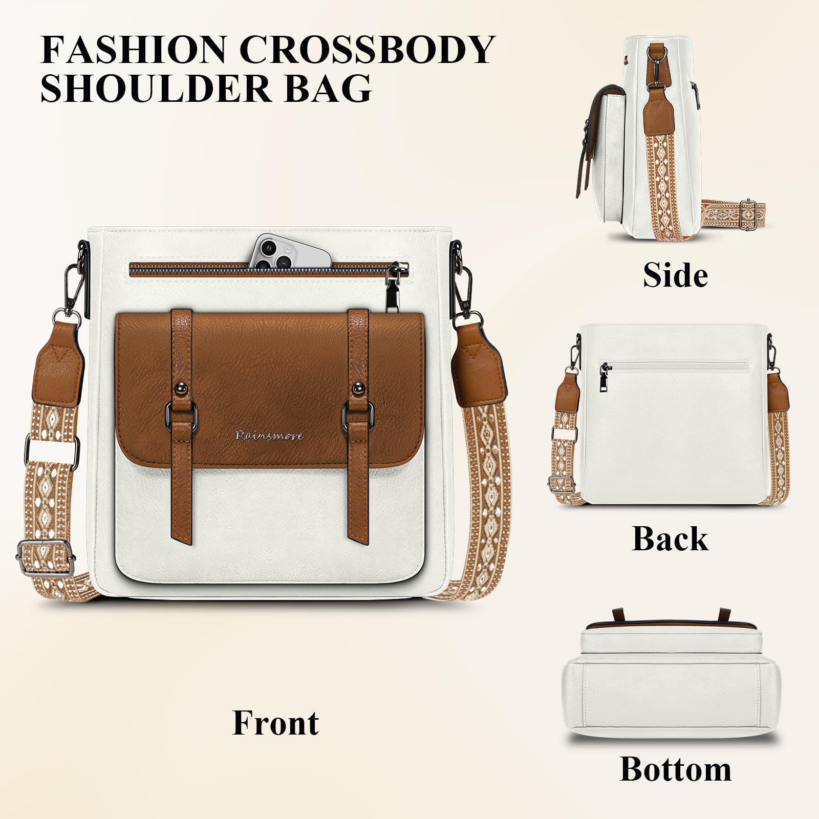 RAINSMORE Bolso Bandolera Mujer Mediano Bolsos de Mujer Bolsos Bandolera Bolso Cruzado de Cuero PU con Correa Ajustable para Viaje Trabajo Compras Blanco y Marrón