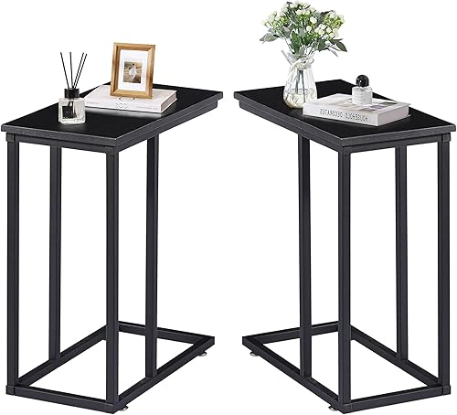 VECELO Mesa auxiliar en forma de C para sofá y cama, bandeja de TV para sala de estar, dormitorio, juego de 2, color negro