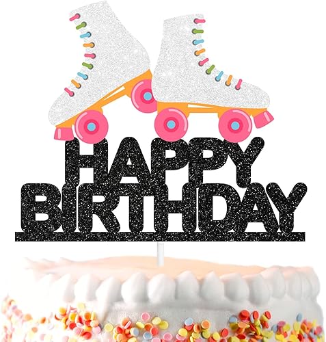 Decoración blanca para pastel de cumpleaños con temática de patinaje sobre ruedas de neón, decoración de fiesta temática de rock retro para niños o