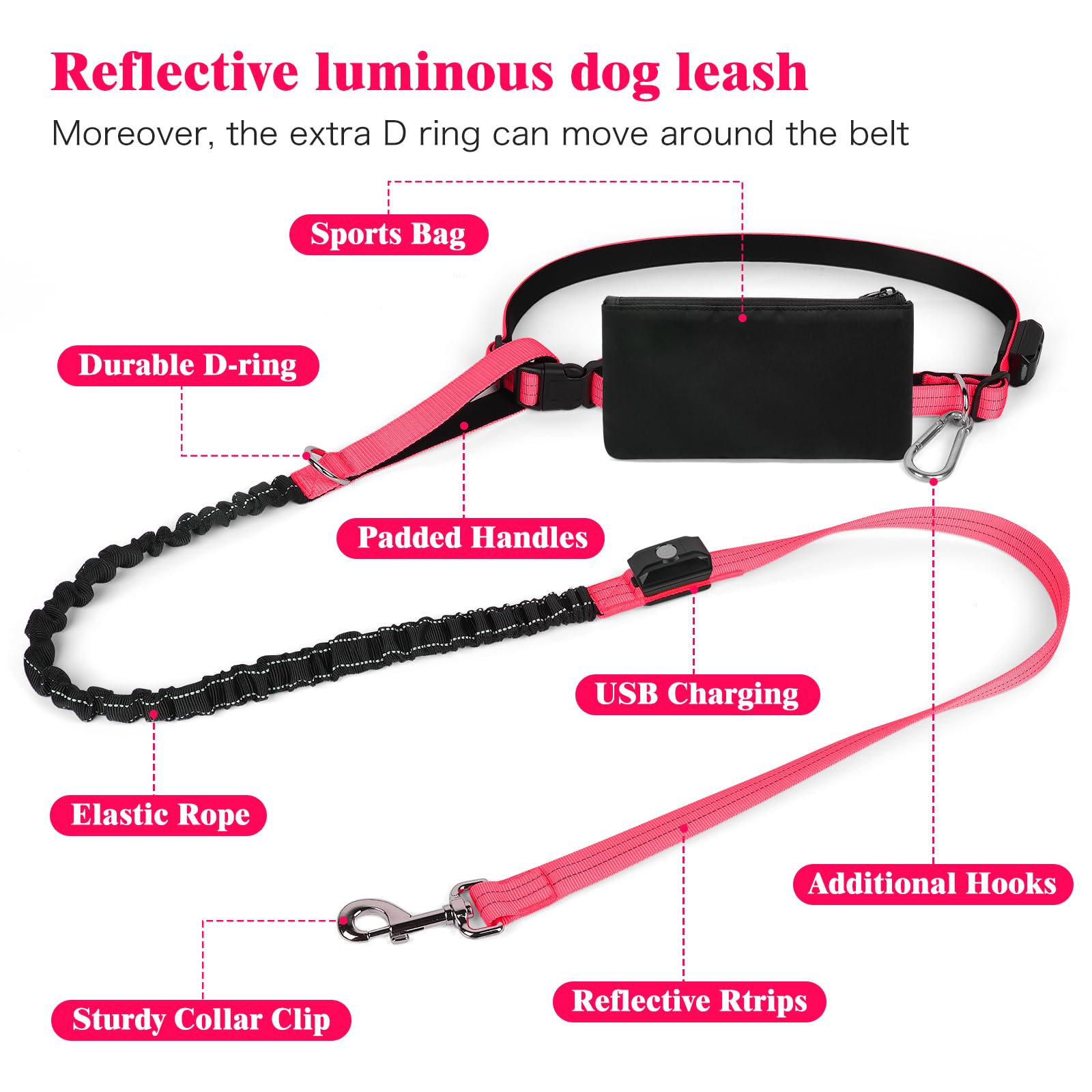 Laisse mains libres à LED pour chien, laisse de taille pour promener le chien, laisse élastique rétractable, laisse de course sans mains à DEL, laisse de course réfléchissante pour jogging,