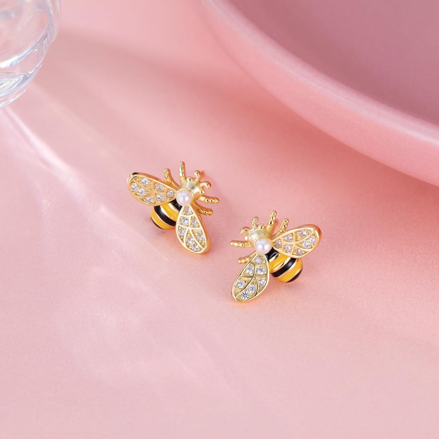 Reffeer Solid 925 Sterling Silver Cute Bee Earrings Stud for Women Teens Small Freshwater Pearl Bee Earrings - Image 4
