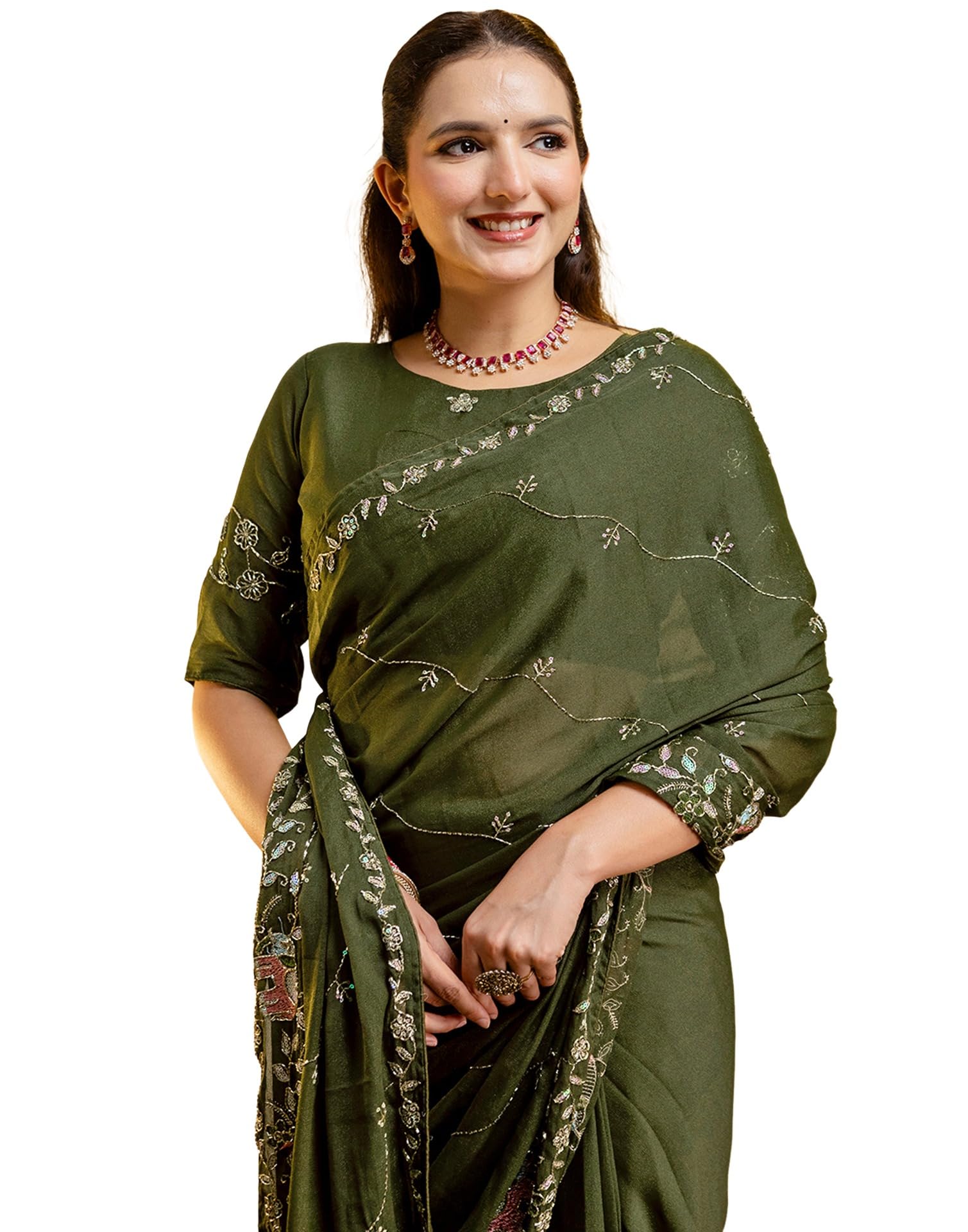Women's Sequence Embroidery Georgette Saree, Ready to Wear Saree for Women with Unstitched Blouse Piece-image-10