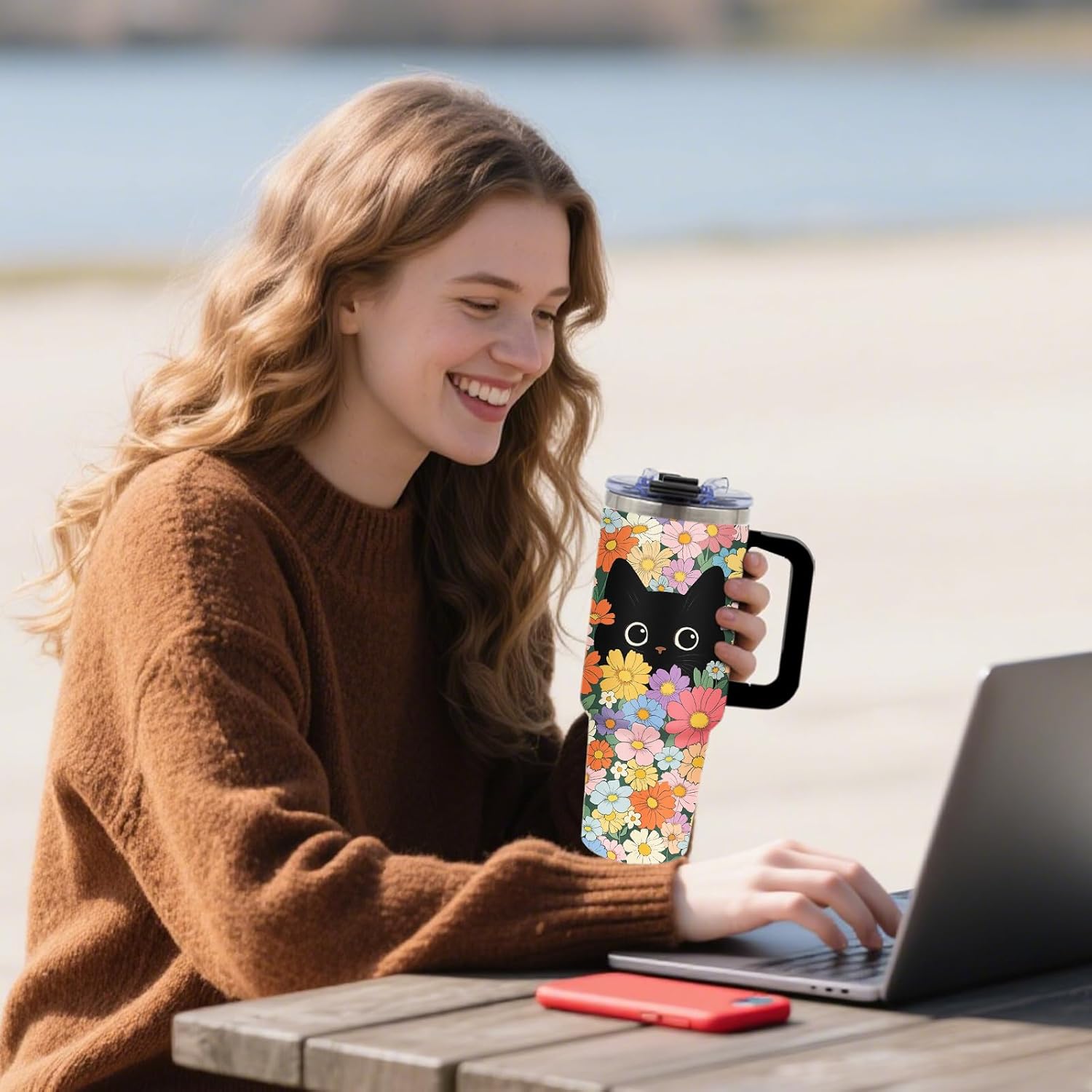 Black Cat & Floral Tumbler 40oz with Handle and Straws, Leak - proof, Stainless Steel Insulated Travel Coffee Mugs Vintage Flora & Cute Cat Print Cup Gifts for Women, Girls, Birthday, Christmas - Image 7