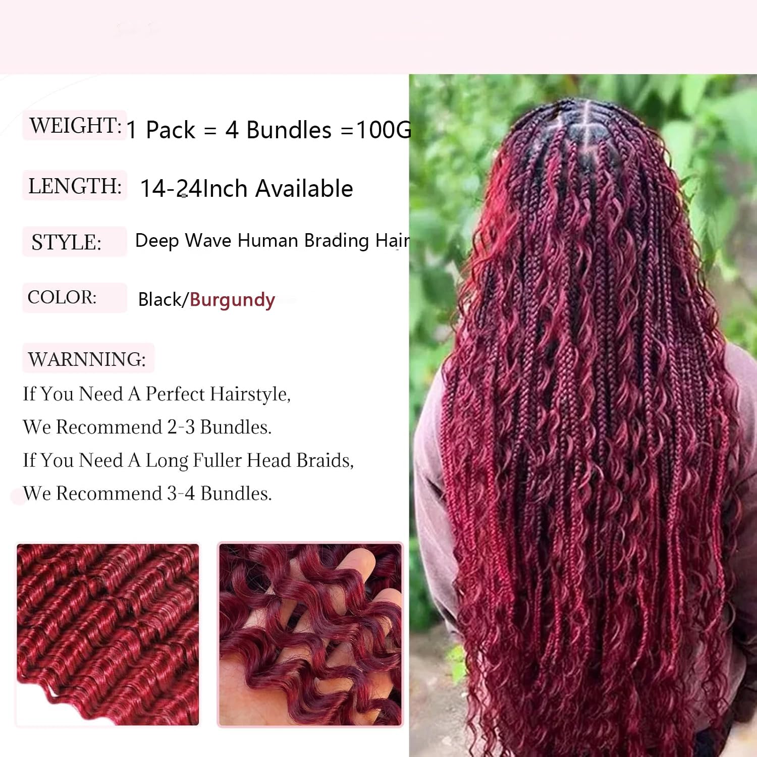 Human Braiding Hair for Boho Braids Boho Human Braiding Hair Curly Deep Wave Boho Braids Human Hairs 100g 4 Bundles No Weft Burgundy Color (24 inch 99J)
