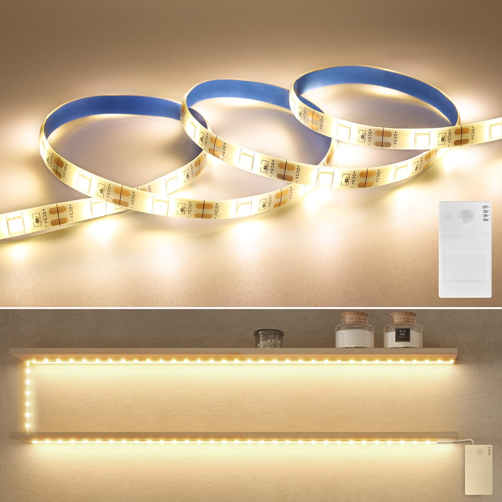 Auting Led Streifen mit Bewegungsmelder,1M 3500K Warmweiß LED Strip mit Timer funktion, Lichterkette mit Bewegungsmelder, Automatischem LED Streifen für Schränke, Treppen, Küche, Betten,Badezimmer