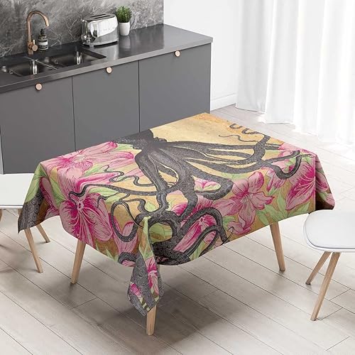 Octopus Mantel Redondo para Mesa De 4 Sillas Marrón Pálido Rosa Cubierta Pequeña para Mesa De Cocina Comedor Fiesta 60 X 84 Pulgadas