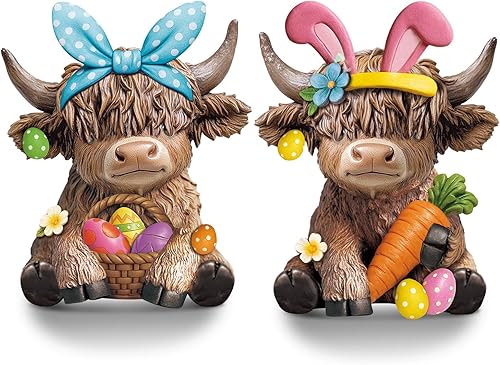 Miniatura 27 de Karenhi 2 piezas Figuras de vaca Highland Navidad Cacao caliente Enanos de vaca Highland Estatua de resina escocesa Amantes de terneros Regalos para